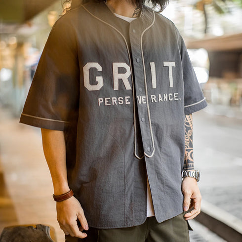 Premium Men's Baseball Shirt – Casual Letter Print Short Sleeve Color-Block Button-Up for Summer